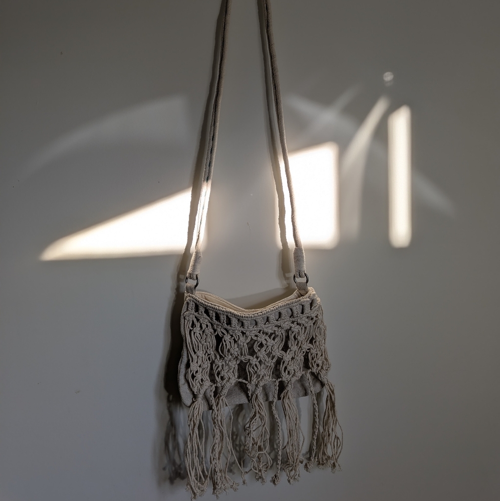 American Eagle Outfitters Beige Macrame Crossbody Bag